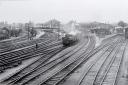 Taken from the foot bridge in 1962 not long before closure, this image with 12 tracks to and from Oswestry's two stations shows what a huge part the railway played in Oswestry life at that time.