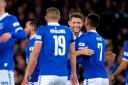Everton's James Tarkowski celebrates with team-mates after scoring their side's first goal of the game during the Carabao Cup fourth round match at Goodison Park, Liverpool. Picture date: Wednesday November 1, 2023. PA Photo. See PA story SOCCER