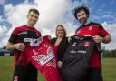 Wales Rugby League have teamed up with leading travel agency Hays Travel for the World Cup which kicks-off this month, pictured in the new shorts are team captain Elliot Kear, left, and record try-scorer Rhys Williams with Toni Smith, Hays Travel North