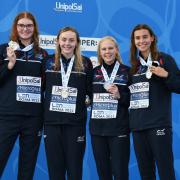 Freya Anderson, Medi Harris, Lucy Hope and Freya Colbert with silver medals Picture LEN Aquatics