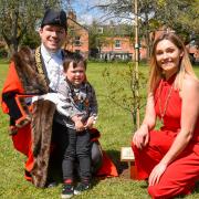 The Mayor, Mayoress and Mini Mayor, Cllr Jay Moore, Poppy King and their son, Alfie,  with the newly planted oak tree