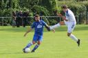 Action from Llanrhaeadr's draw with Cefn Albion. Picture: Llanrhaeadr FC.