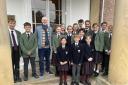 Matt Lucas with pupils from Oswestry School and Bellan House.