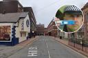 Hill Street in Wrexham (Google) and, inset, a police officer with a drug test