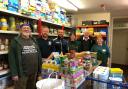 (LtoR) Lionel Parker (foodbank volunteer), Terry Rogers (FC Oswestry Town vice-chairman), Nathan Leonard (FC OSwestry Town manager), Liz Jermy (foodbank manager), Nick Maguire (FC Oswestry Town managing director) and Kath Davies (foodbank volunteer)