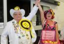 Howling Laud Hope with candidate Lily The Pink at the 2019 Brecon and Radnor by-election