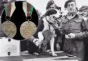 Rob the dog with fellow soldiers and his medals (inset).