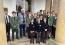 Matt Lucas with pupils from Oswestry School and Bellan House.