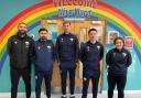 TNS players and officials at Gobowen's RJAH Hospital this week.