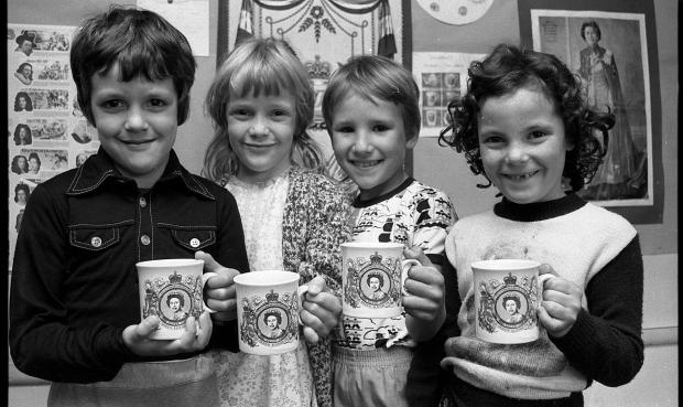 Border Counties Advertizer: Middleton Road School pupils with jubille mugs June 1977
