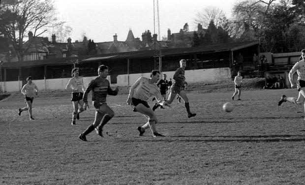 Border Counties Advertizer: Action from Morda United against Saltofix in 1986.