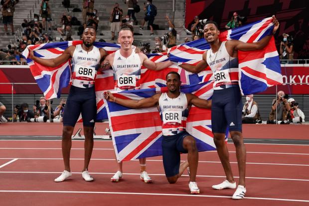 Great Britain's 4x100m relay team celebrates