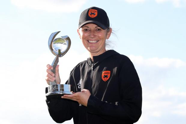 Southern Vipers head coach Charlotte Edwards poses with her sides trophy after winning the Charlotte Edwards Cup 2022 final match at The County Ground, Northampton. Picture date: Saturday June 11, 2022.