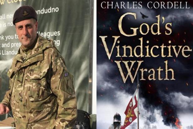 L: Charles Cordell taking part in the 'Great Tommy Sleep Out' in March. R: The cover for 'God's Vindictive Wrath'. Photos: Charles Cordell