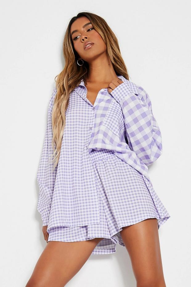 Border Counties Advertizer: Lilac Contrast Gingham Pocket Front Boyfriend Shirt Co-ord (I Saw It First)