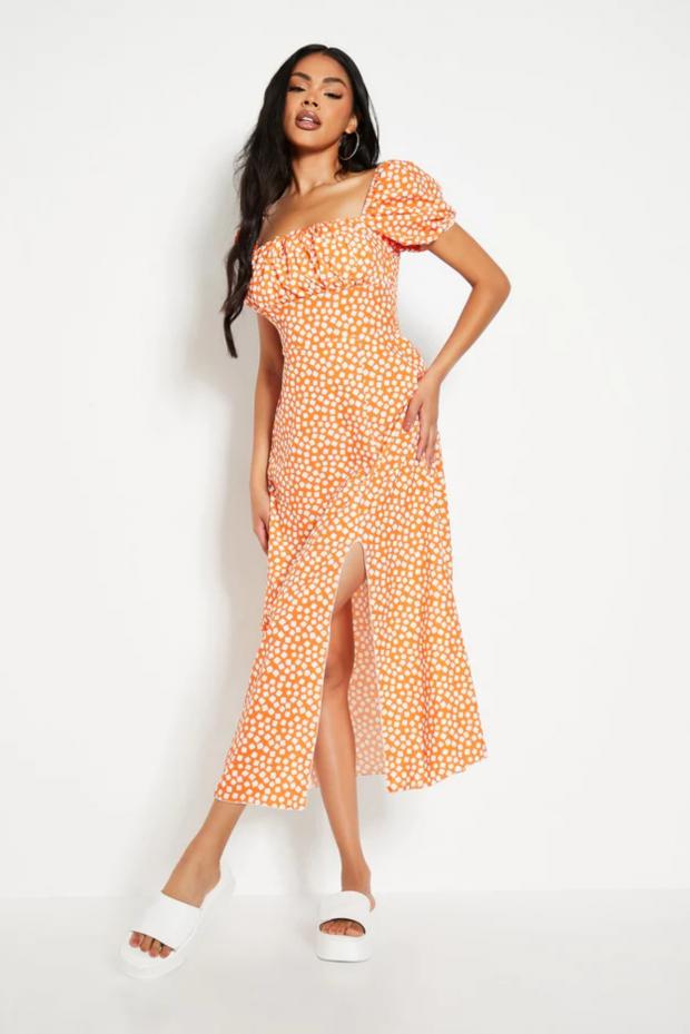 Border Counties Advertizer: Orange Square Polka Dot Woven Short Puff Sleeve Midi Dress (I Saw It First)