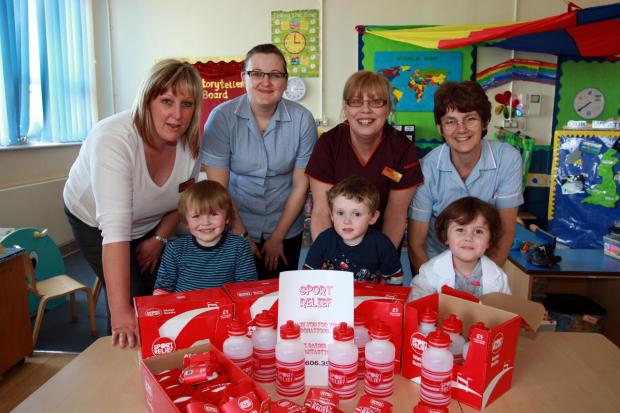 Border Counties Advertizer: 2010. Children and staff from Peter Pan Nursery, at The Orthopeadic, Gobowen, raised ?606.39 for Sport Relief by holding a sponsored bounce and a party. As a thank you Sainsburys have donated water bottles and socks to the childre. Pictured, back, from