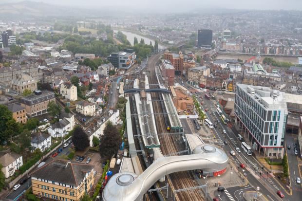 An aerial view of Newport railway station and the new footbridge. Picture: Dave Powell/Aerial Photography Wales