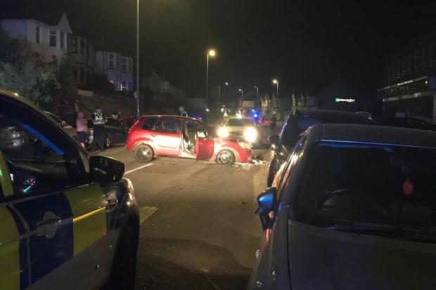 The crashed Ford Fiesta in Chepstow Road, Newport. Police are trying to track down the driver.