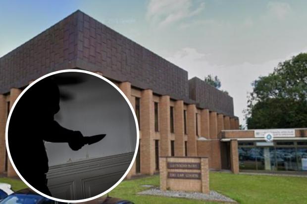 Wrexham Magistrates Court (Image: Google) and, inset, a stock image of a person holding a knife (Image: Pixabay)