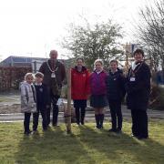 School children with the mayor of Oswestry, Mark Jones, deputy head of Meadows Primary School, Angie Jones and the mayoress, Ruth Jones