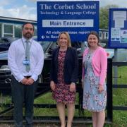 Helen Morgan with Dr Tinker (Head) and Mr Simms (Deputy) at the Corbet School in Baschurch.