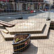 An empty plinth after The Cross Fountain was knocked down in May 2023.