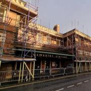 The scaffolding on the Cambrian Heritage Railway building in Oswald Road.