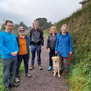Phillip Springett and Cath Baldry of the Rotary Club of Cambrian Oswestry with Adrian Bailey and Diane Gray of Oswestry Ramblers and Sarah Gibson with Myrtle the dog..