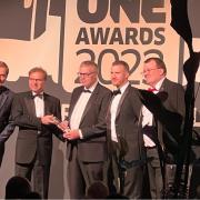 From left to right: Ardal O’Hanlon, Volvo Bus UK MD Domenico Bondi, Neal Hall, Gareth Davies, Route One Magazine Editor Tim Deakin.