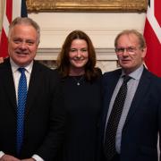 From left to right:  Simon Baynes MP, the Secretary of State for Education, Rt Hon Gillian Keegan MP, and Clive Barnard at the No 10 Downing Street Reception