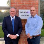 From left to right:  Simon Baynes MP with Managing Director, James Earl, outside OR3D’s office in Chirk
