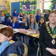 West Felton's Willow Class with Shrewsbury mayor Cllr Becky Wall.