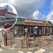McDonald's in Chirk (Google) and, inset, Caernarfon Crown Court