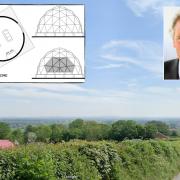 The view from the campsite and, inset top left, the dome designs, and top right, Cllr Arwel Jones.