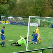 Dave Howarth finds the net for FC Oswestry Town. Photo: Ian Jones