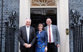 Simon Baynes MP with Caroline Tudor-James and Ian Pope outside 10 Downing Street on Tuesday April 24.